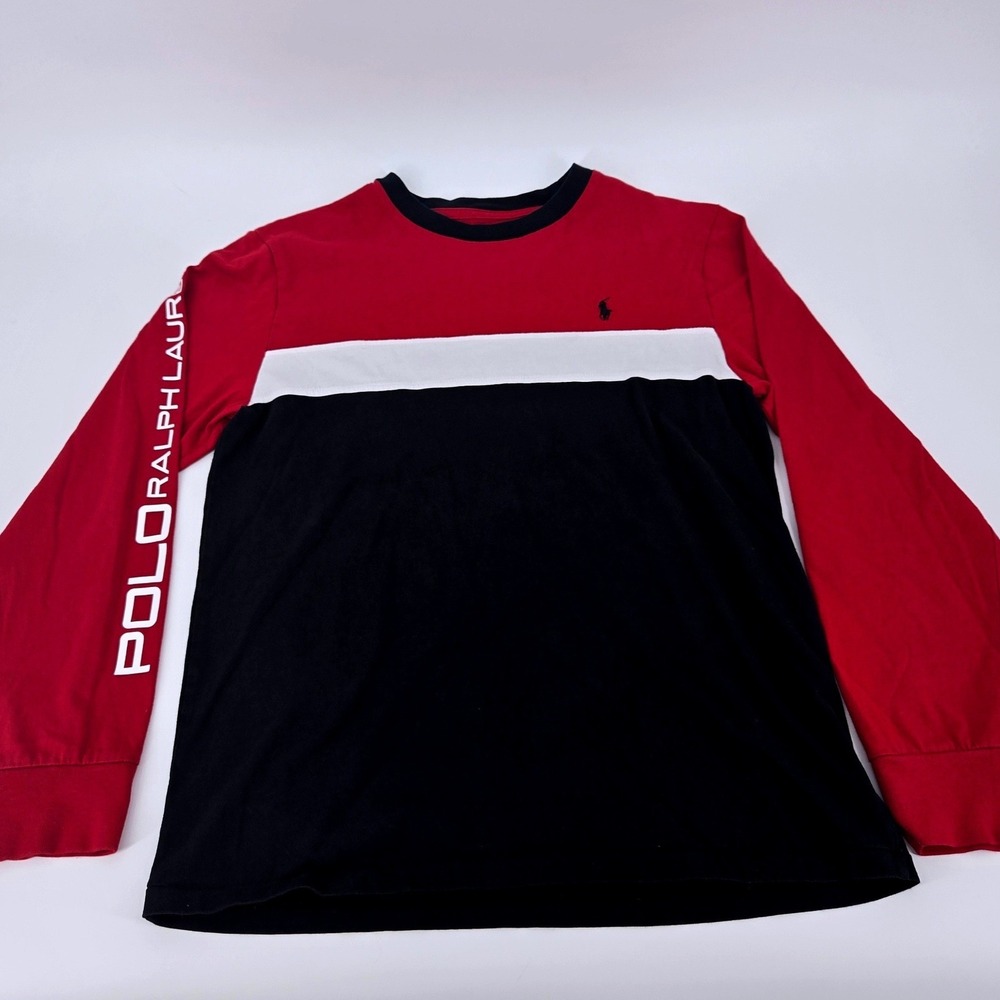 Polo Ralph Lauren Boys Size L 14/16 Long Sleeve Colorblock Logo Tee Red Black